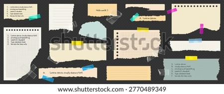  Paper notes set with torn edges and colorful tape - ripped notebook sheets, memo scraps, post it stickers on transparent background. Grid and lined page textures attached by adhesive strips.