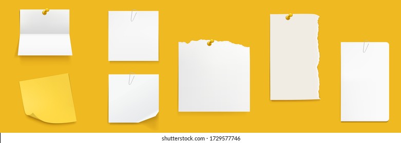 Paper notes set, white notebook sheets pinned on wall, blank folded and ragged pages. Memo pads, daily planner, empty sticky notes isolated on yellow background. Realistic 3d vector illustration