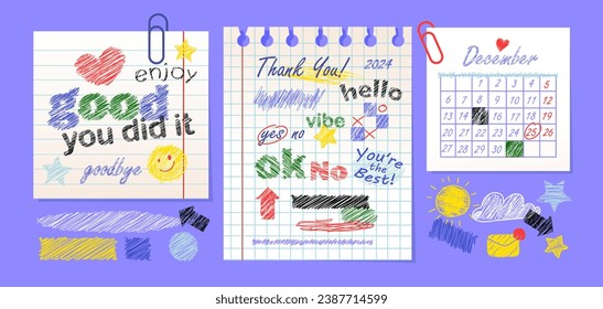 Paper notes, sheets with lines of colorful pencils. Design elements and quotes in the style of a pen stroke for the weekly planner. Vector illustration