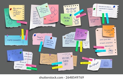 Papieren briefjes, stickers. Memo-berichten, notitieblokken en gescheurde papiersetvector