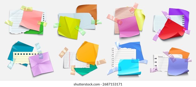 Notas de papel, pegatinas. Mensajes de memorándum, libretas y Vector de juego de papel roto