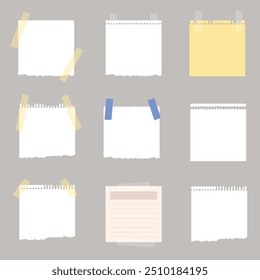 Paper notes stickers or notepad pages isolated. Empty blank pages for messages. Vector illustration