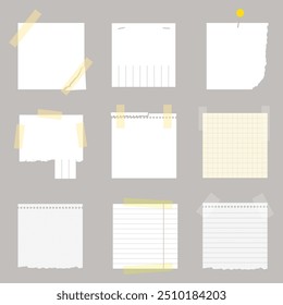 Paper notes stickers or notepad pages isolated. Empty blank pages for messages. Vector illustration