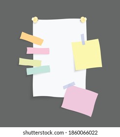 Paper notes stickers. Place for memo messages on paper sheets. Attached with sticky colorful tape on grey background isolated realistic vector illustration