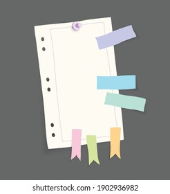 Paper notes stickers. Place for memo messages on paper sheets. Blank sticky place for to do list and office notice or information board