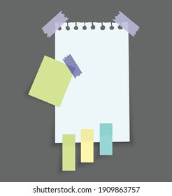 Paper notes stickers. Place for memo messages on paper sheets. Attached with sticky colorful tape on grey background isolated realistic vector illustration