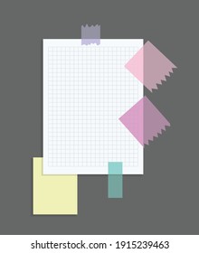 Paper notes stickers. Place for memo messages on paper sheets. Attached with sticky colorful tape on grey background isolated realistic vector illustration
