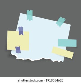 Paper notes stickers. Place for memo messages on paper sheets. Attached with sticky colorful tape on grey background isolated realistic vector illustration