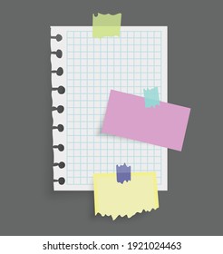 Paper notes stickers. Place for memo messages on paper sheets. Attached with sticky colorful tape on grey background isolated realistic vector illustration