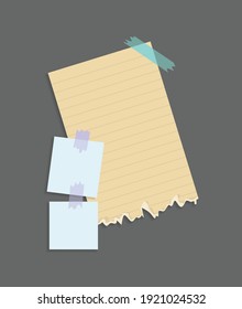 Paper notes stickers. Place for memo messages on paper sheets. Attached with sticky colorful tape on grey background isolated realistic vector illustration