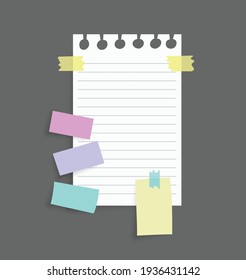 Paper notes stickers. Place for memo messages on paper sheets. Attached with sticky colorful tape on grey background isolated realistic vector illustration