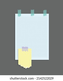 Paper notes stickers. Place for memo messages on paper sheets. Attached with sticky colorful tape on grey background isolated realistic vector illustration