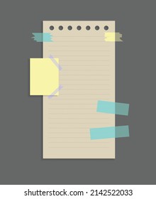 Paper notes stickers. Place for memo messages on paper sheets. Attached with sticky colorful tape on grey background isolated realistic vector illustration