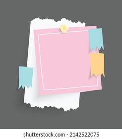 Paper notes stickers. Place for memo messages on paper sheets. Blank sticky place for to do list and office notice or information board