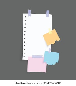Paper notes stickers. Place for memo messages on paper sheets. Attached with sticky colorful tape on grey background isolated realistic vector illustration