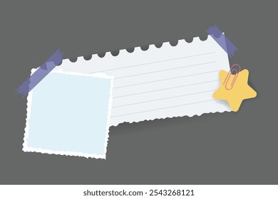 Paper notes stickers. Place for memo messages on paper sheets. Attached with sticky colorful tape on grey background isolated vector illustration