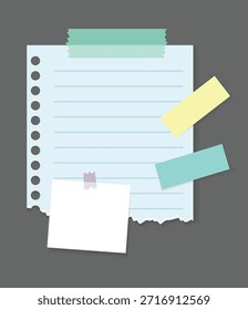 Pegatinas de notas de papel. Coloque los mensajes de memorándum en hojas de papel. Adjuntado con la cinta colorida pegajosa en el fondo gris Ilustración vectorial aislada