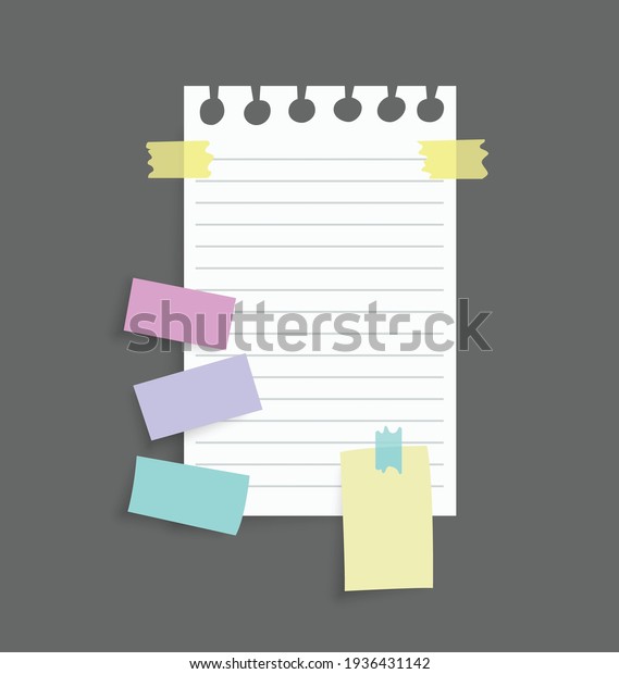 Paper notes stickers. Place for memo
messages on paper sheets. Attached with sticky colorful tape on
grey background isolated realistic vector
illustration
