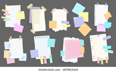 Paper notes stickers. Set of different vector note papers. Blank of multicolor stickers. Sticky sheets of various colors and size vector illustration