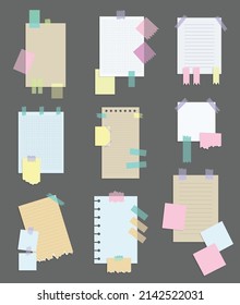 Etiquetas de notas de papel. Conjunto de diferentes papeles de notas vectoriales. Blanco de pegatinas multicolor. Hojas pegajosas de varios colores y tamaño de ilustración vectorial