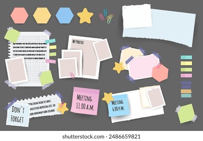 Pegatinas de notas de papel. Conjunto de diferentes papeles de notas de Vector. Blanco de pegatinas multicolores. Hojas pegajosas de varios colores y tamaño Ilustración vectorial