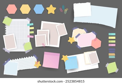 Paper notes stickers. Set of different vector note papers. Blank of multicolor stickers. Sticky sheets of various colors and size vector illustration