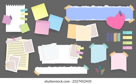 Adesivos de notas de papel. Conjunto de diferentes papéis de notas vetoriais. Branco dos autocolantes multicores. Folhas pegajosas de várias cores e ilustração de vetor de tamanho