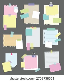 Pegatinas de notas de papel. Conjunto de diferentes papeles de notas de Vector. Blanco de pegatinas multicolores. Hojas pegajosas de varios colores y tamaño Ilustración vectorial