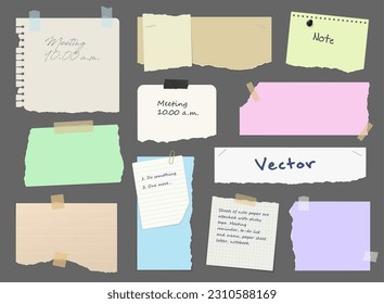 Paper notes, stickers, sticky sheet and tape or memo notepad posts, blank vector. Paper message notes, page notices on board, notebook adhesive stickers for to do list list of torn ripped paper notes