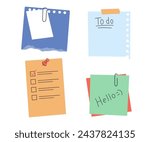 Paper notes, stickers, sticky sheets and tape. Vector set of to do list, memo messages, notepads and torn paper sheets. Notepaper meeting reminder, office notice or information board with appointments