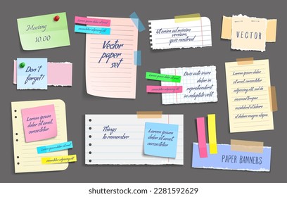 Paper notes, stickers, sticky sheets and tape. Vector set of to do list, memo messages, notepads and torn paper sheets. Notepaper meeting reminder, office notice or information board with appointments - Shutterstock ID 2281592629