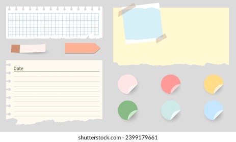 Paper and  notes, stickers, sticky sheets and tape Vector Set, on gray background, Notepaper meeting reminder, Flat Modern design , illustration Vector EPS 10 
