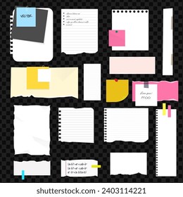 Notas de papel, pegatinas, hojas adhesivas y cinta adhesiva. Colección de tiras de papel con raspado de color. Recordatorio de reunión de notoriales, aviso de oficina o tablero de información con citas