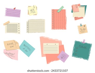 Paper notes, stickers, sticky sheets and tape. Vector set of to do list, memo messages, notepads and torn paper sheets. Notepaper meeting reminder, office notice or information board with appointments