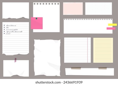 Paper notes, stickers, sticky sheets and tape. Colored ripped lined paper strips collection. Notepaper meeting reminder, office notice or information board with appointments