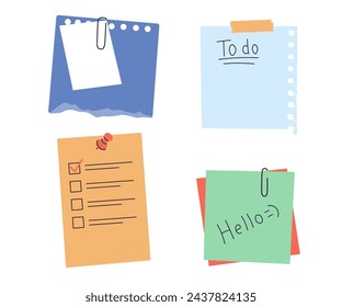 Paper notes, stickers, sticky sheets and tape. Vector set of to do list, memo messages, notepads and torn paper sheets. Notepaper meeting reminder, office notice or information board with appointments