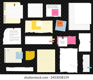 Paper notes, stickers, sticky sheets and tape. Colored ripped lined paper strips collection. Notepaper meeting reminder, office notice or information board with appointments