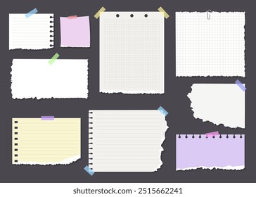 Paper notes, stickers, sticky sheets and tape. Cartoon torn sheets of paper from a notebook. Office notepads and information boards concept. Blank pages for your text. Vector illustration