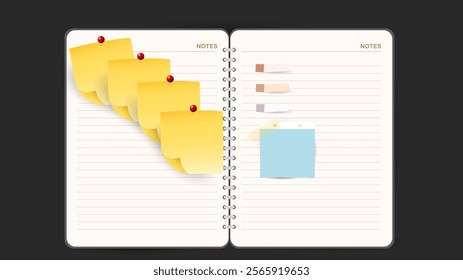 Paper and notes, stickers, sticky sheets and tape Vector Set, on black  background, Notepaper meeting reminder, Flat Modern design , illustration Vector EPS 10