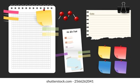 Paper and notes, stickers, sticky sheets and tape Vector Set, on black  background, Notepaper meeting reminder, Flat Modern design , illustration Vector EPS 10