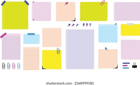 Paper notes, stickers, sticky sheets and tape. Vector set of to do list, memo messages, notepads and torn paper sheets. Stationary, pins, paper clips, tape and post it