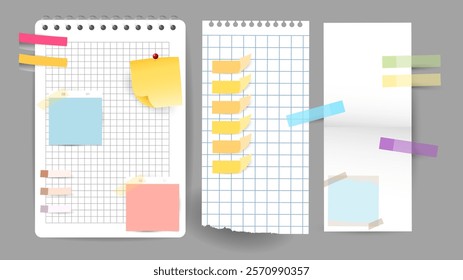 Paper and notes, stickers, sticky sheets and tape Vector Set, on gray background, Flat Modern design , illustration Vector EPS 1