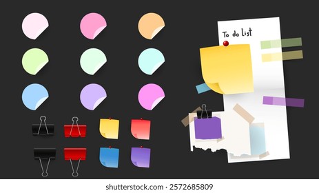 Paper and notes, stickers, sticky sheets and tape Vector Set, on black  background, Notepaper meeting reminder, Flat Modern design , illustration Vector EPS 10