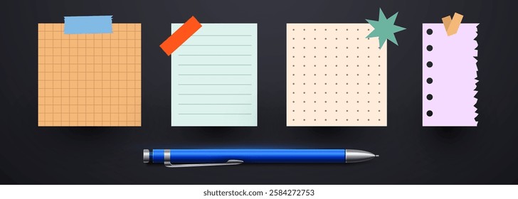Paper notes, stickers, sticky sheets and tape. Notepads and torn paper sheets with metallic pen. Vector illustration
