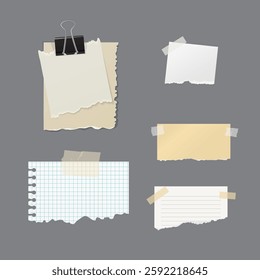 Paper notes, stickers, sticky sheets and tape. Cartoon torn sheets of paper from a notebook. Office notepads and information boards concept. Vector illustration stock illustration