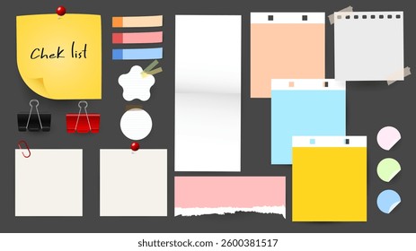 Paper and  notes, stickers, sticky sheets and tape Vector Set, on gray background, Flat Modern design , illustration Vector EPS 10 