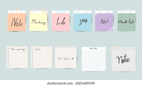 Paper and  notes, stickers, sticky sheets and tape Vector Set, on blue background, Flat Modern design , illustration Vector EPS 10 