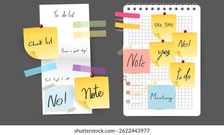 Paper and  notes, stickers, sticky sheets and tape Vector Set, on gray background, Notepaper meeting reminder, Flat Modern design , illustration Vector EPS 10 
