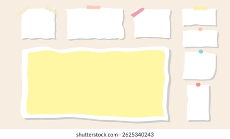 Papel y notas, pegatinas, hojas pegajosas y cinta Vector Set, sobre fondo, recordatorio de reunión de papel de notas, diseño moderno plano, Vector de ilustración EPS 10 
