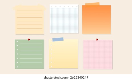 Papel e notas, adesivos, folhas adesivas e fita Vetor Set, no fundo, lembrete de reunião de papel de notas, design moderno plano, ilustração Vetor EPS 10 
